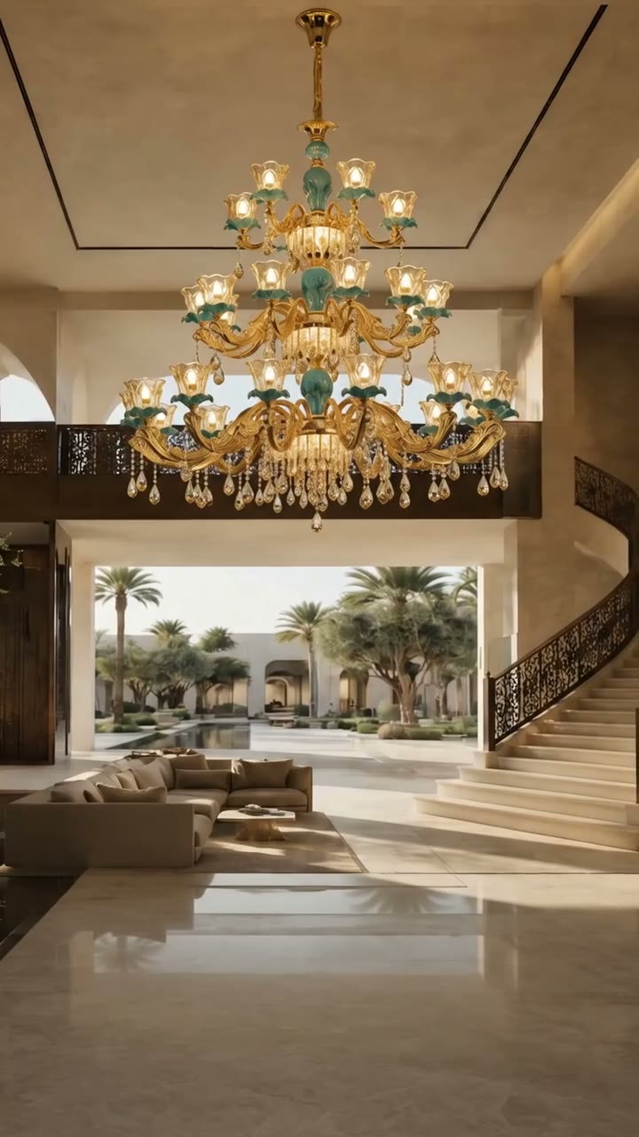 Large multi-tier chandelier in a luxury resort villa atrium with a courtyard and curved staircase
