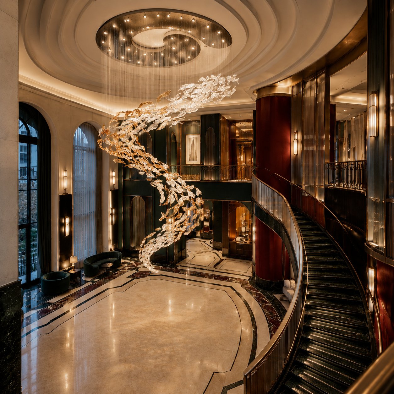 Sculptural wave-form chandelier in gold and clear glass suspended in a hotel lobby