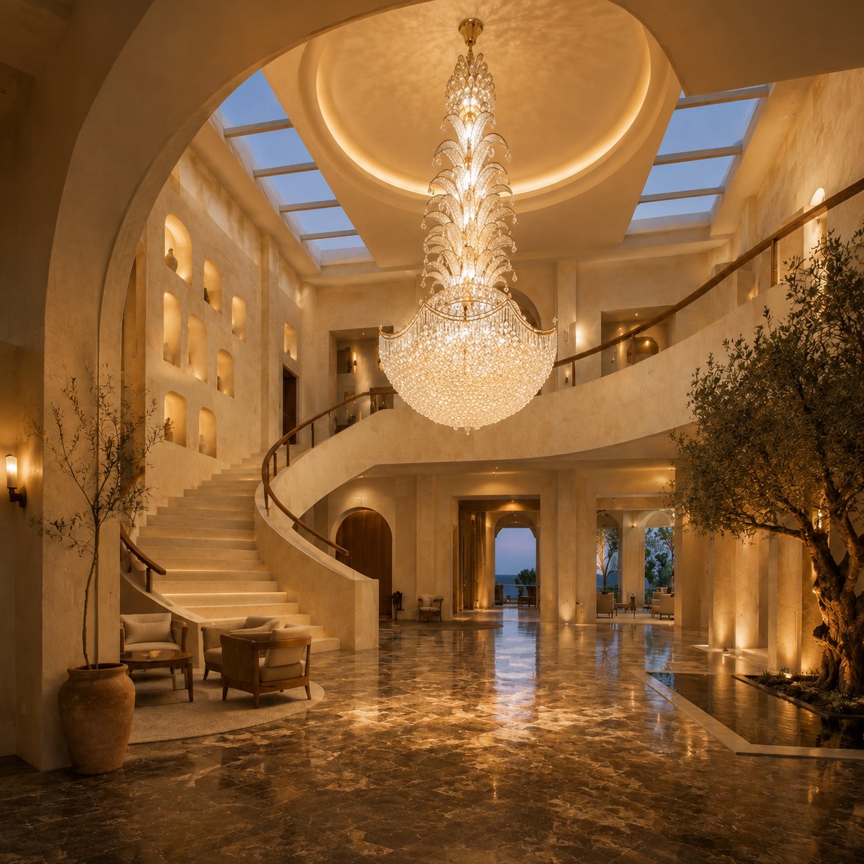 Large cascading crystal chandelier under a circular skylight in a resort atrium