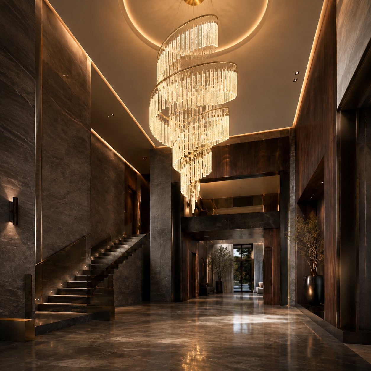 Spiral crystal chandelier in a luxury hotel interior with dark stone walls and walnut finishes