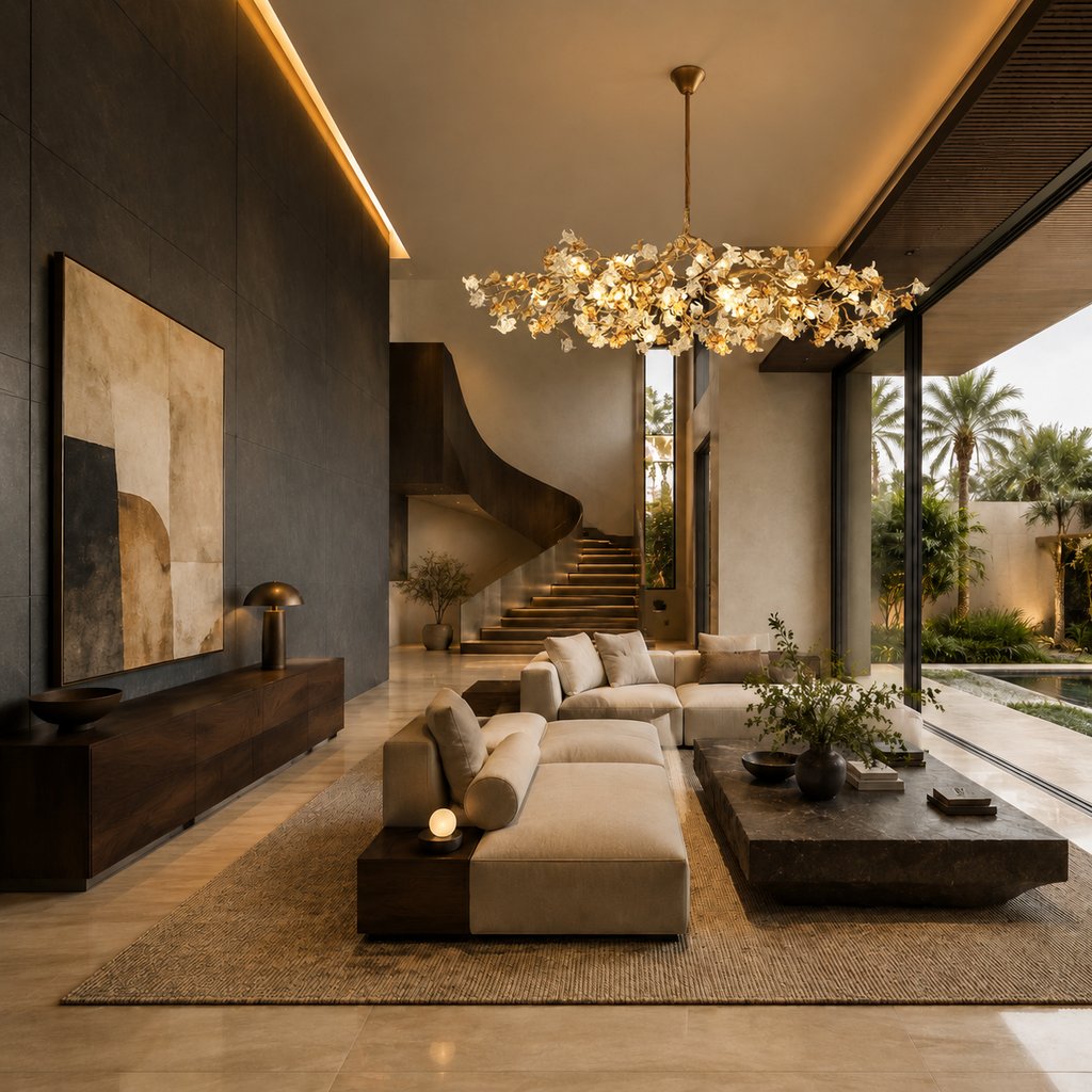 Gold and glass floral chandelier in a private villa living room with dark stone wall and walnut accents